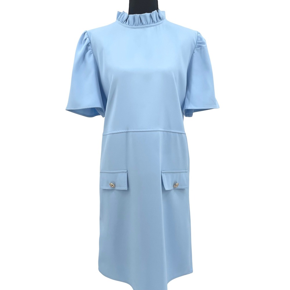 THML Dress Women Large Light Blue Shift Ruffle Neck Puff Sleeve Preppy‎ Chic